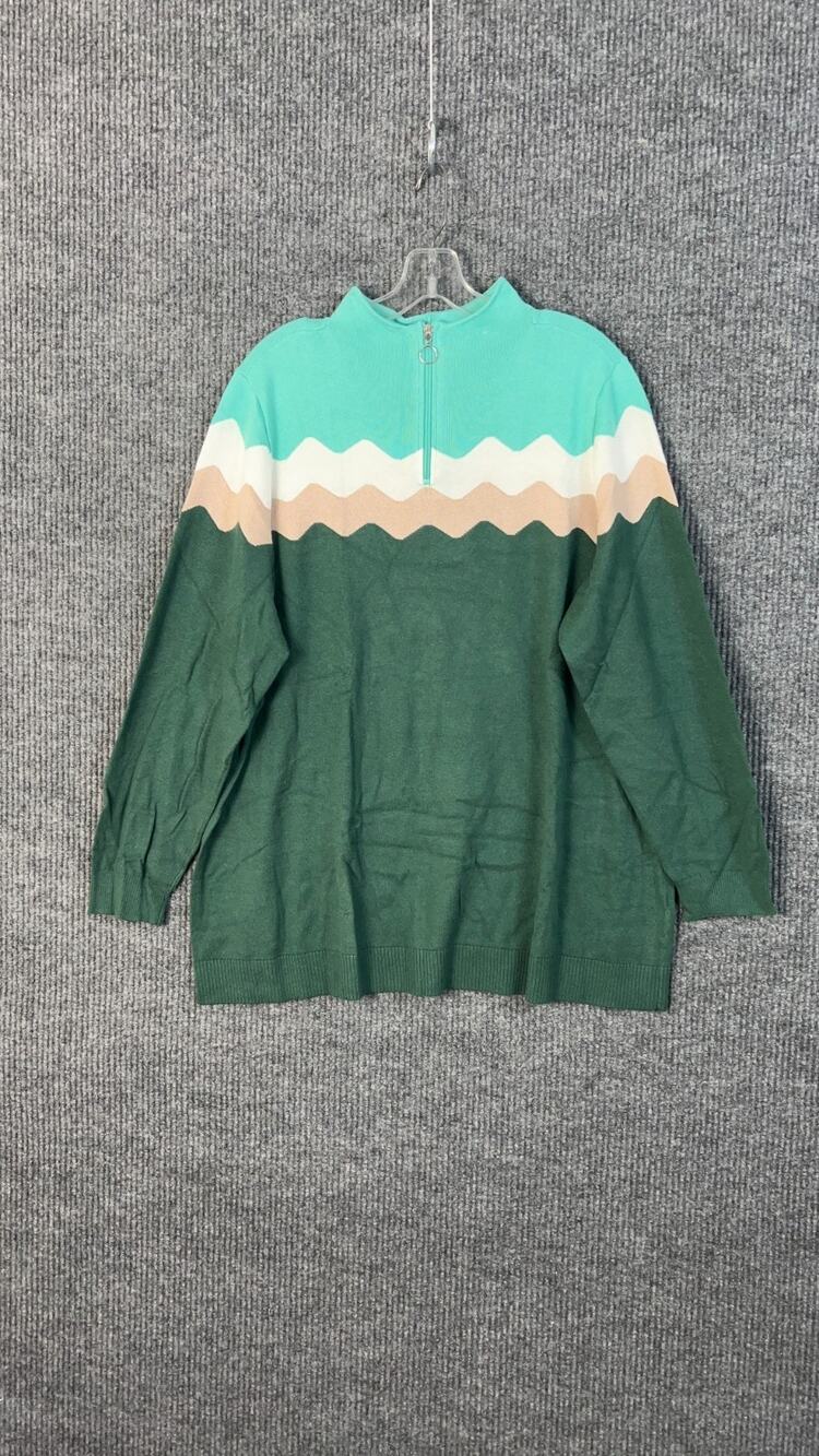 Sport Savvy Sweater Womens Plus 2X Multi Color Scallop Intarsia Half Zip Preppy